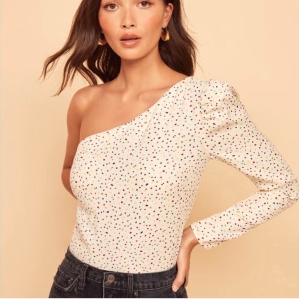 Reformation Francine One Sleeve Shoulder Top Birthday Polka Dot Size Small - Picture 2 of 16